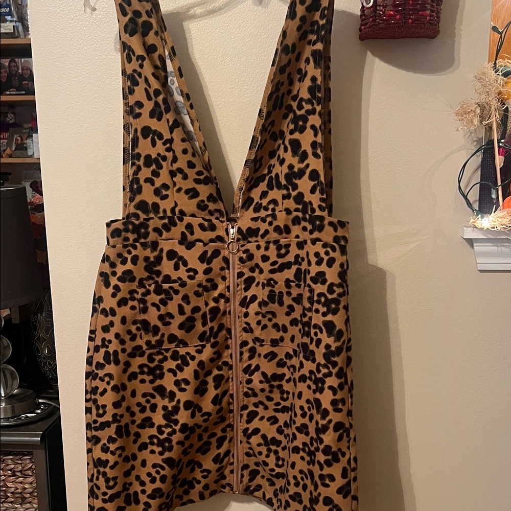 SHEIN Animal Print Mini Deep V Neck Dress - waist zipper Brown and Black